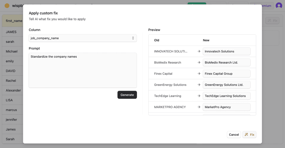 Data cleaning interface - Step 2